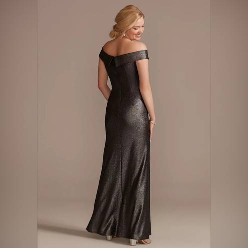 Oleg Cassini  Beaded Ruched Metallic Off-Shoulder Sheath Gown Gunmetal Size 12