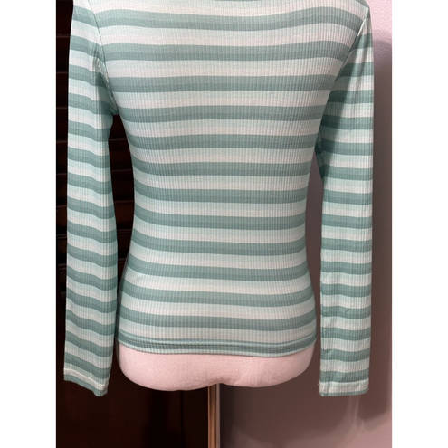 Edge Cali Be Womens Casual Top Blue Stripe Long Sleeve Mock Neck Lettuce  Rib M