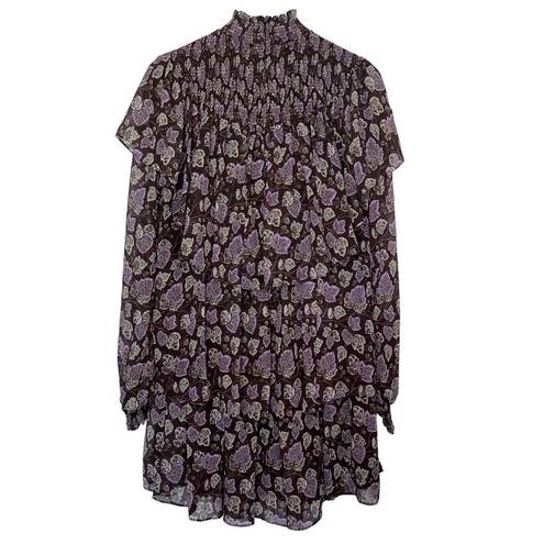 Cinq à Sept  Drew Leaf Print Long Sleeve Smocked Dress In Cacao Multi Size 10