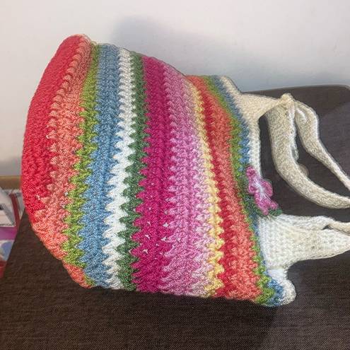 The Sak  Off White, Green, Pink, Red, & Blue Striped Crocheted Shoulder Bag Purse