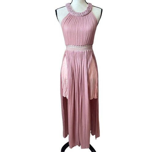 Illa Illa  Pink Lace Maxi Dress Women Size Small Grecian Halter Double Slit Knit