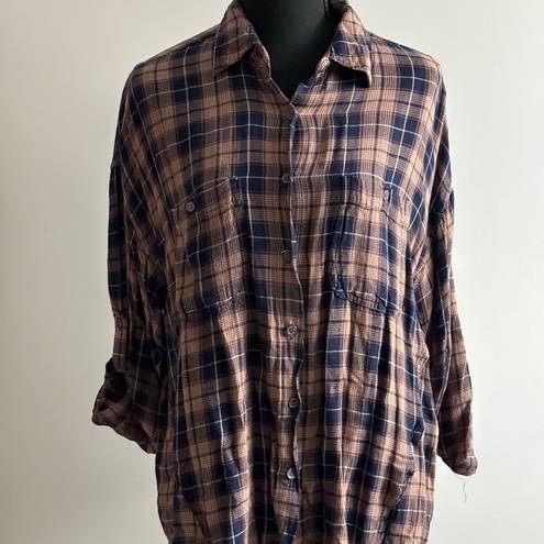 Max Studio Brown & Blue Long Sleeve Flannel Button Down Shirt Size L