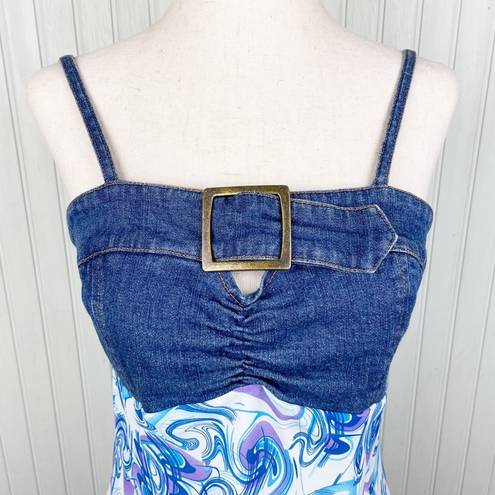 Metro Vintage Y2K  Style Stretch Denim Buckle Tank Blue Purple Printed Scarf Top