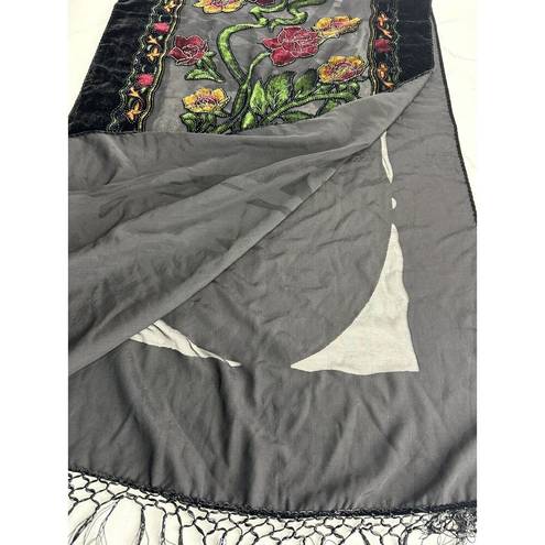 Black Velvet Floral Roses Silk Velour Sheer Table Runner Scarf Wrap