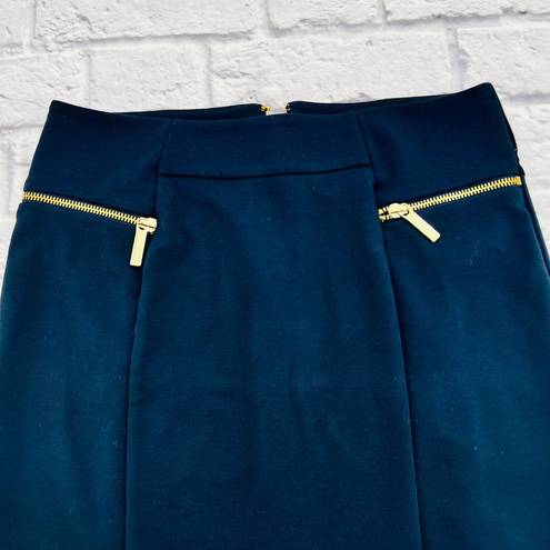 Michael Kors  Gold Zipper Stretch Pencil Skirt Size 4 Navy‎ Blue Knee Length