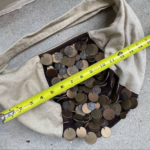 Linen and Suede Mini Hobo Bag with Queen II Coins Tan