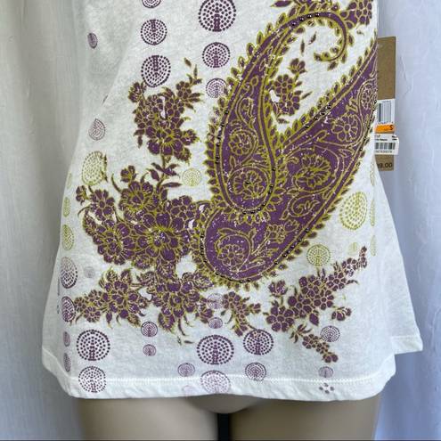 DKNY NWT VTG Y2K  Jeans Petites T-Shirt Cream Purple Green Paisley Studded Sz SM