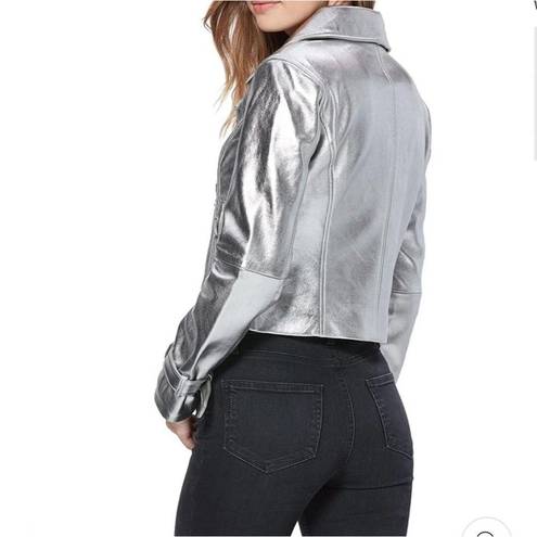 Paige  Ashby Metallic Leather Moto Jacket in Pearlized White/ Silver