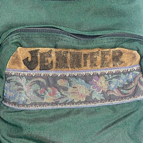 Jansport Vintage 90's  Leather Suede Bottom Backpack- Green Floral Embroidered