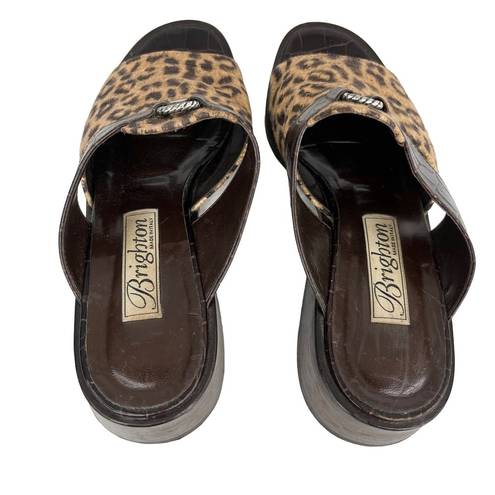 Brighton  Sandals Mules 7.5M Brown Leopard Leather Fabric Silver