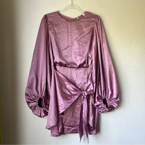 Petal and Pup  Opal Mauve Purple Satin Long Balloon Sleeve Wrap Mini Dress 10