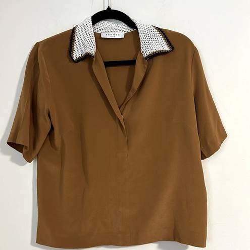 Sandro  Paris satin crochet collar blouse short sleeve bronze