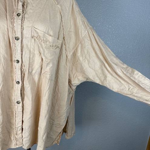 We The Free  People Women Keep It Simple Button Up Top L Large Peach Frayed Linen