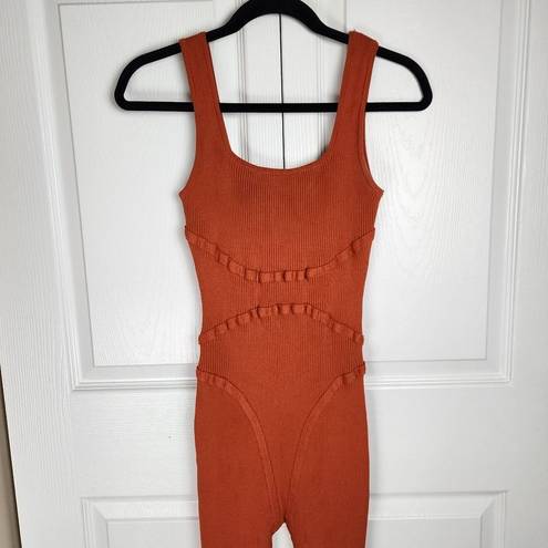 Daisy  Orange Ribbed Stretchy Fitted Jumpsuit Bodysuit Catsuit Tank Scoop Neck M