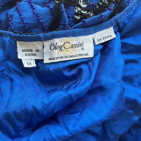 Oleg Cassini Vintage  Blue Beaded Silk Shift Dress Size 14