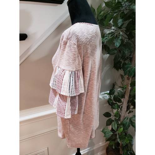 L LOVE  Pink Polyester Round Neck 3/4 Flared Ruffle Sleeve Top Blouse Size Medium