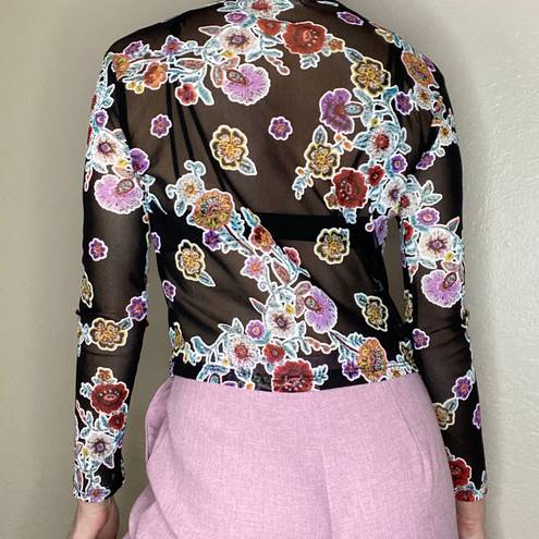 Ginger G Retro Colorful Sheer Floral Crop Shirt