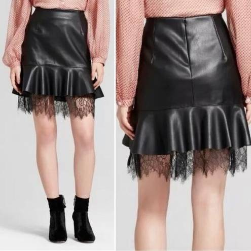 Who What Wear  Black Faux Leather Mini Skirt with Ruffle Lace Hem