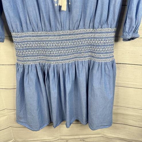 Shoshanna  Womens size Large Chambray Smocked Waist Boho Blue Embroidered Dress