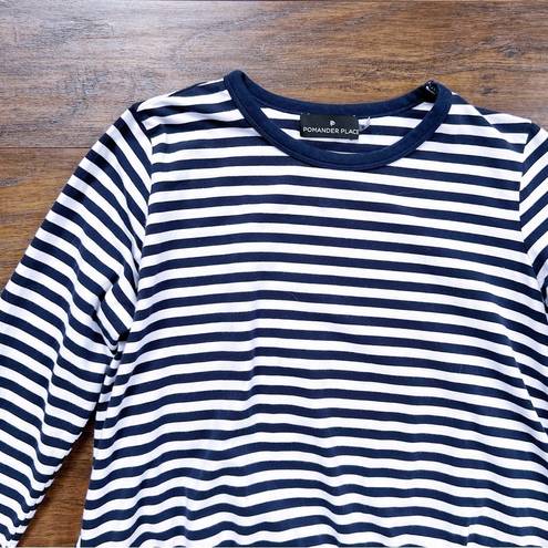 Tuckernuck  Pomander Place • Perrie Top navy striped swing ruffle peplum tee