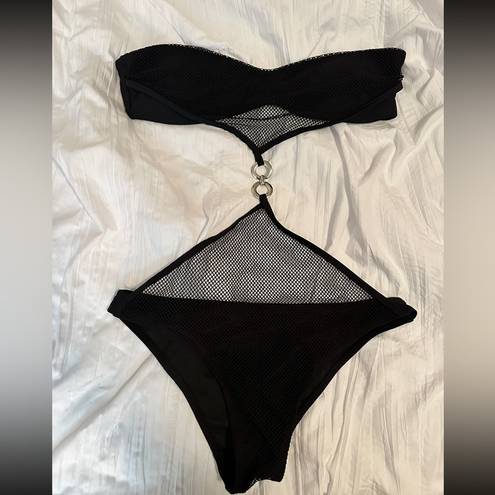 One Piece Black Mesh Cutout  Bikini with Ring Detail