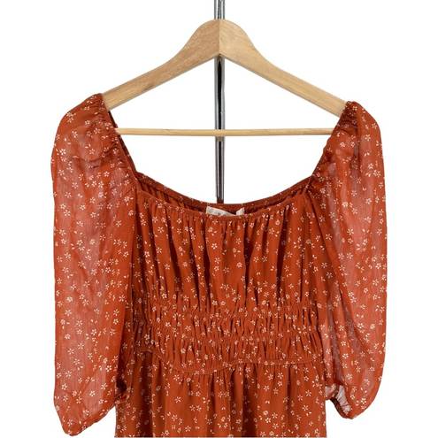 The Row  A Rust Mini Floral Smocked Waist Elbow Sleeve Mini Dress size Medium