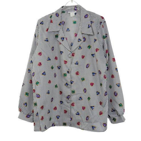 Houndstooth 1980s Multicolor Rhinestone Gem Print  Button Down Blouse Size 16