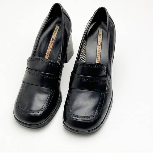 Tommy Hilfiger  Black Leather Y2K Chunky Loafer Heels, Size 8