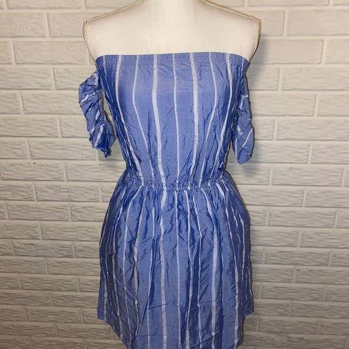 American Eagle  Mini Dress Ruffled Off Shoulder Striped Blue White NEW Womens S