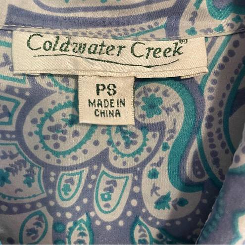 Coldwater Creek  100% Silk Blouse Blue Mixed Boho Prints Button Collar PS