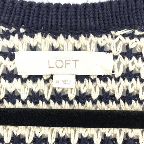 Loft Womens Size Medium Crochet Knit Blazer Striped Navy Blue Cream