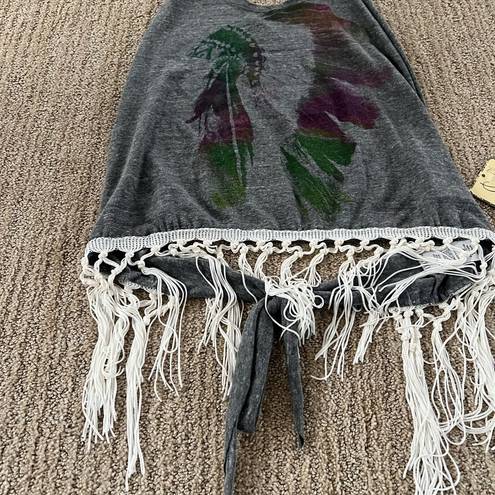 Vintage Havana  Grey Boho Open back Halter Tank Top with Fringe