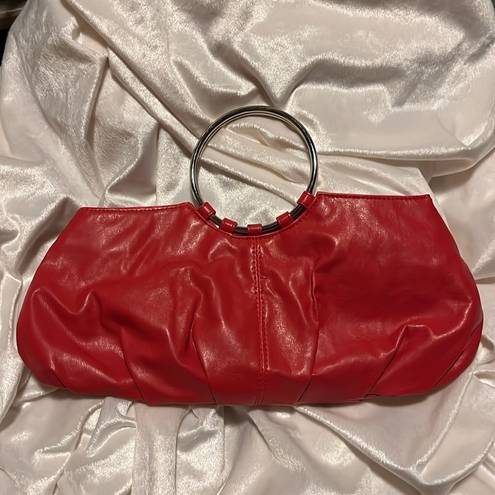 Chateau  Red Faux Leather Handbag With Silver Hoop Handles