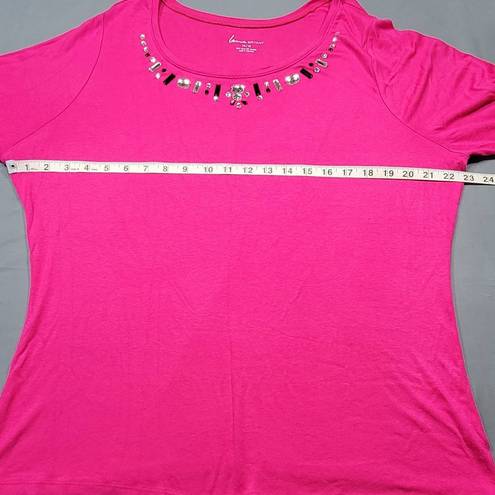 Lane Bryant  Women Shirt Size 14 Pink Stretch Preppy Beaded Scoop Chic 3/4 Sleeve