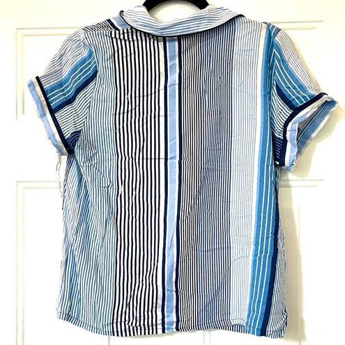 In Bloom  Pajama Top Medium M Blue White Stripe Soft Satin Lounge Button Shirt