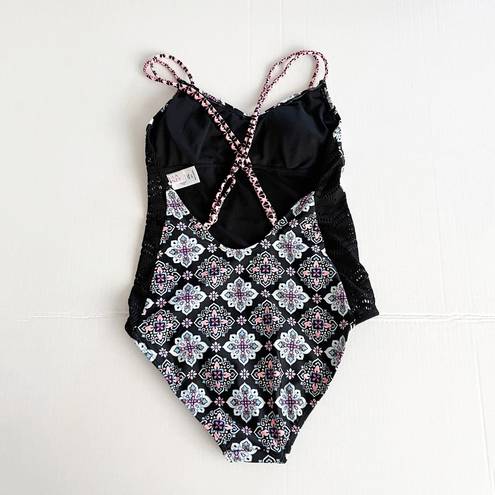 Hula Honey [] Black Gypsy Deco Lace Geometric Print One Piece Swimsuit Sz Small S