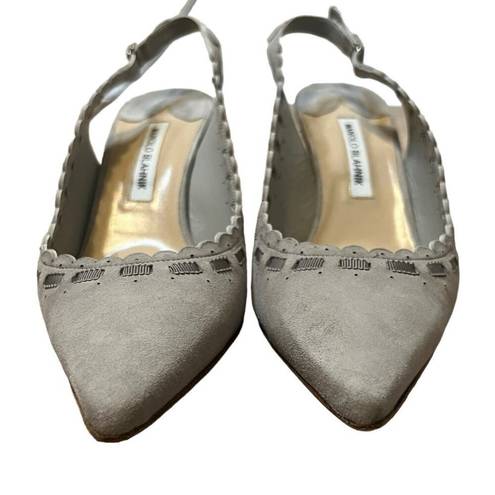 Manolo Blahnik  Heels Gray Scalloped Suede Kitten Slingback Pump Shoes EU 41 1/2