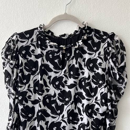 DKNY  FLORAL Long Sleeve Ruffle Neck Blouse Top SIZE SMALL white black