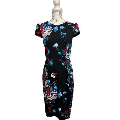 Betsey Johnson  Black Floral Knee Length, Cap Sleeve Slim Fitting Dress Size 8