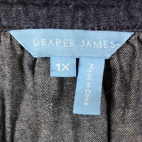 Draper James  Women’s Chambray Dark Blue Split V-Neck Pleated Button-Up Shirt