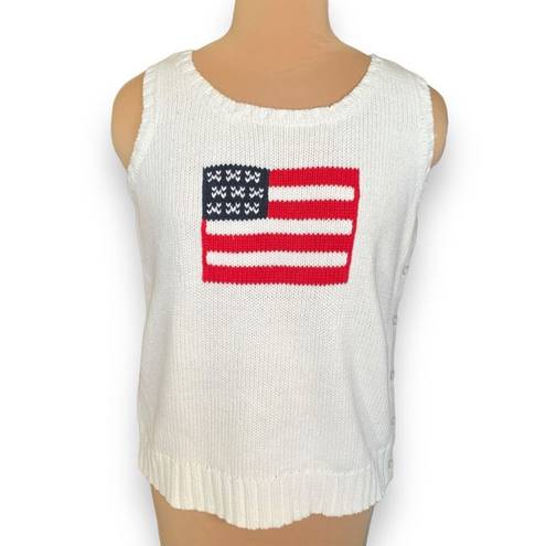 Vintage Village Sport Knit Sweater Vest White Red American Flag Side Button Size L