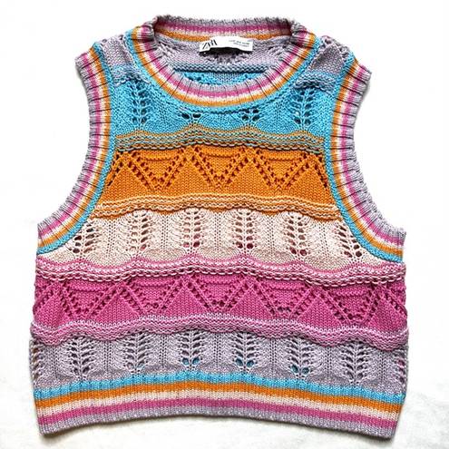 ZARA  Knit Crochet Rainbow Sleeveless Sweater Vest Jumper