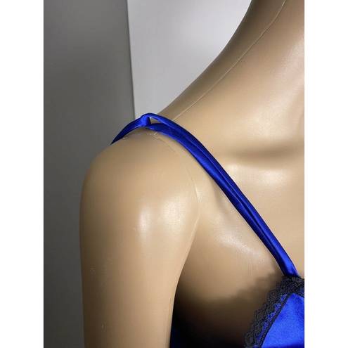 Petra Fashions Vintage  Size Medium Blue Satin Chemise Slip Sheath Lace Nighty