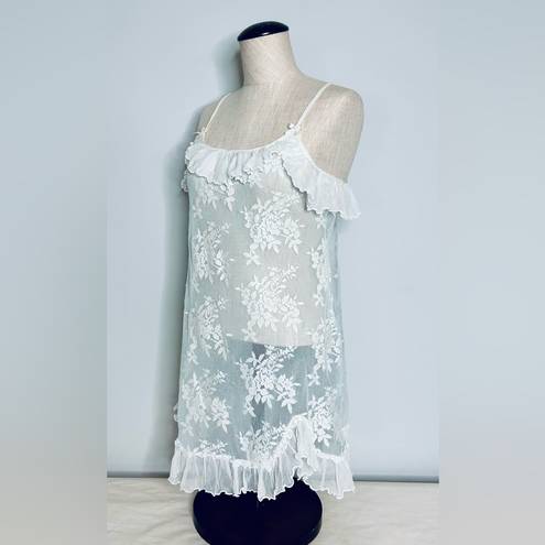 In Bloom  by Jonquil White and Teal Sheer Floral Lace Babydoll Chemise size Large