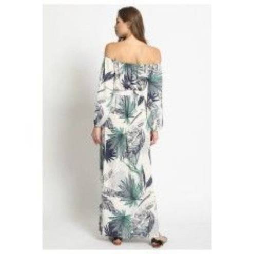 Sans Souci NWT Tropical Palm Print Off Shoulder Maxi Dress 3/4 Sleeve Tie Elastic Waist S