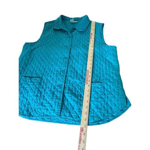 Coldwater Creek  Women’s Quilted Vest Large Teal Full Button Up Pockets READ