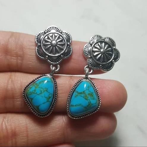 Vintage women silver plated Turquoise Dangle Drop Hoop Earrings Blue