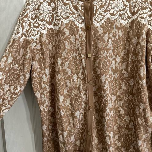 Bob Mackie LACE PRINT LONG SLEEVE BUTTON FRONT CARDIGAN, TAN, XL