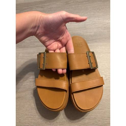 Sorel  Womens Sz 6.5 Roaming Buckle Slide Camel Brown Leather Slip On Sandal