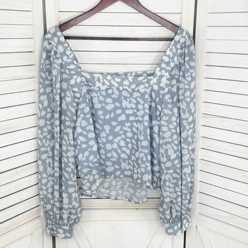 Petal Lucca  Print Square Neck Crop Blouse Blue White Large Long Balloon Sleeve